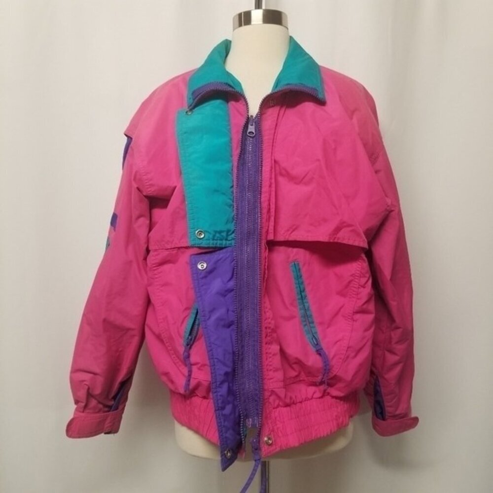 Vintage 80s Retro Hot Pink Turquoise Purple Winter Ski Jacket Coat Woman's Lg